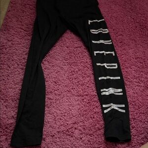 PINK Victoria's Secret Black Leggings with White Vertical Logo